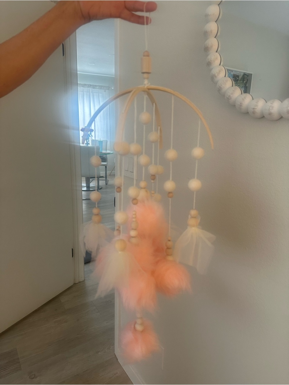 Nursery Mobile with Baby Pink Pom-Poms and Wooden Beadsu